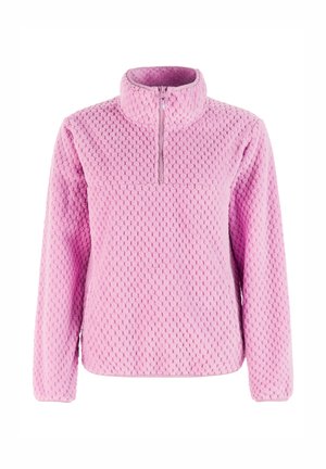 Roze fleece pullover met textuur, lange mouwen en een korte rits aan de voorkant die vanaf de hoge kraag loopt.