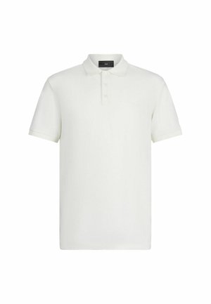 Polo bianca realizzata in morbido cotone, con colletto classico, patta con tre bottoni, maniche corte e un logo discreto sul petto.