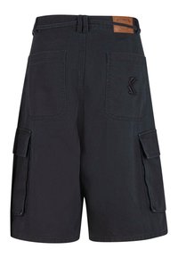 Black cargo shorts made of sturdy fabric, featuring two large side pockets, a textured waistband, and a leather label on the back.
