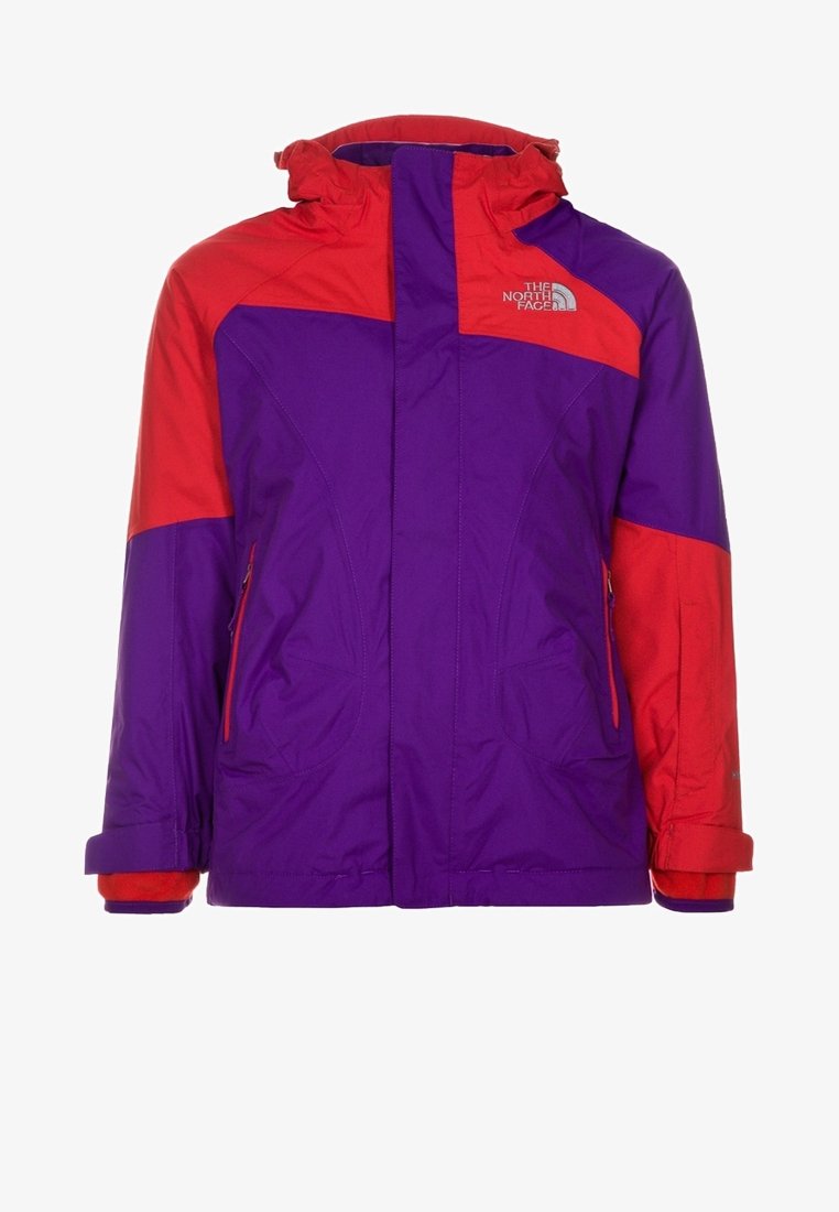 Purple and red waterproof jacket with a hood, multiple zippered pockets, adjustable cuffs, and logo detail on the chest.