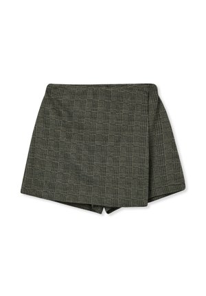 Shorts a vita alta in tessuto verde scuro con un sottile motivo a quadri. Presentano una vita aderente e una vestibilità comoda. Texture morbida, senza dettagli metallici.