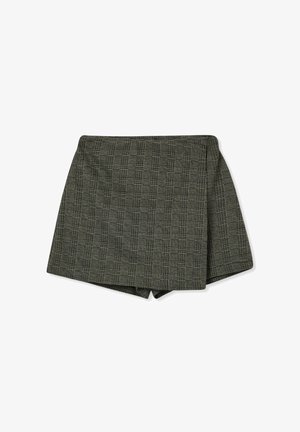Shorts a vita alta in tessuto verde scuro con un sottile motivo a quadri. Presentano una vita aderente e una vestibilità comoda. Texture morbida, senza dettagli metallici.