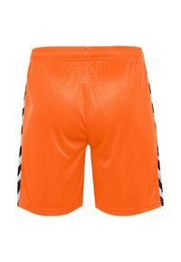Orange träningsshorts med en glänsande finish, med svarta och vita vertikala ränder på sidorna. Elastisk midja och enkel design.