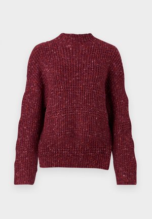 Maglione lavorato a maglia in un profondo bordeaux, con collo alto, maniche lunghe e una superficie texturizzata a costine. Design voluminoso con una vestibilità comoda.