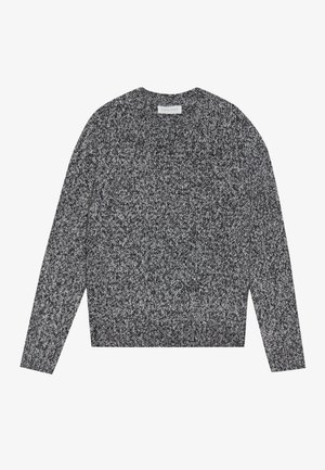 Grauer und schwarzer Strickpullover mit Rundhalsausschnitt, langen Ärmeln, strukturiertem Muster und geripptem Saum. Mit dem Etikett "Pier One."