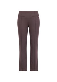 Braune Strickhosen mit geradem Bein Design, ausgestattet mit zwei Gesäßtaschen und vorderem Steppdetail. Glatte Textur mit leichtem Stretch.