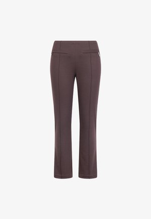 Braune Strickhosen mit geradem Bein Design, ausgestattet mit zwei Gesäßtaschen und vorderem Steppdetail. Glatte Textur mit leichtem Stretch.