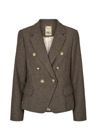 Blazer marron en chevrons croisés à double boutonnage avec six boutons dorés, deux poches à rabat sur le devant, épaules rembourrées et col cranté.