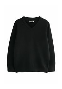 Maglione nero lavorato a maglia con scollo a V, bordo e polsini a costine. Costruzione semplice, con un piccolo logo ricamato all'orlo.