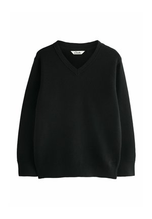 Sweater en maille noire avec un design à col en V, un col et des poignets côtelés. Construction simple, avec un petit logo au bas.