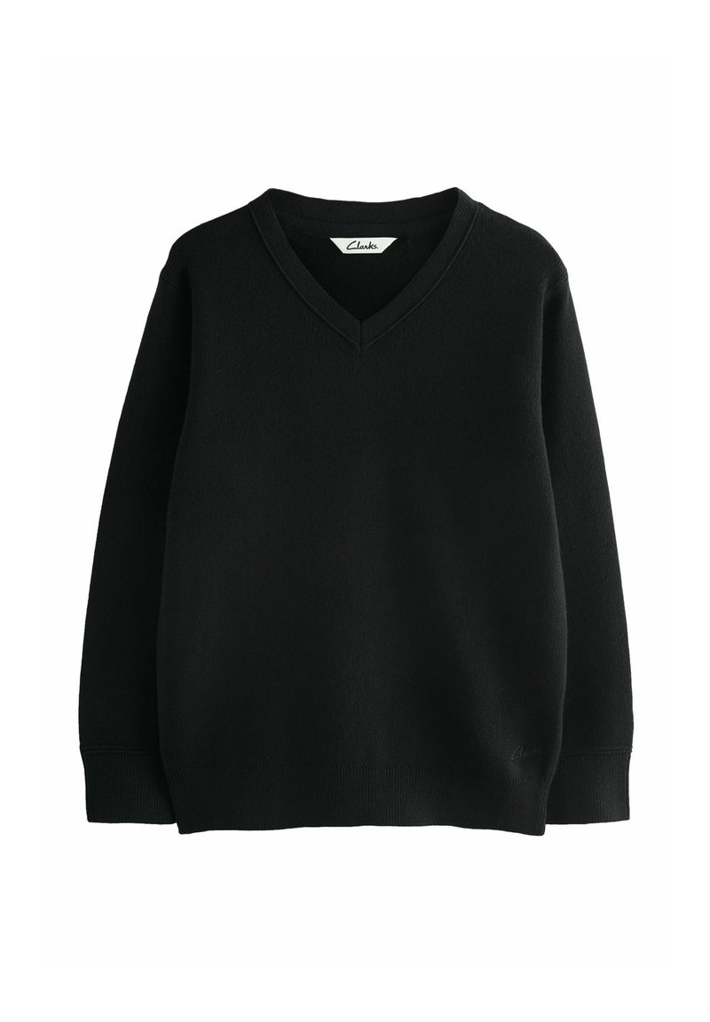 Maglione nero lavorato a maglia con scollo a V, bordo e polsini a costine. Costruzione semplice, con un piccolo logo ricamato all'orlo.