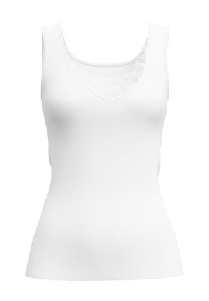 Witte mouwloze damestanktop met kantachtige bloemendetails rond de ronde halslijn.
