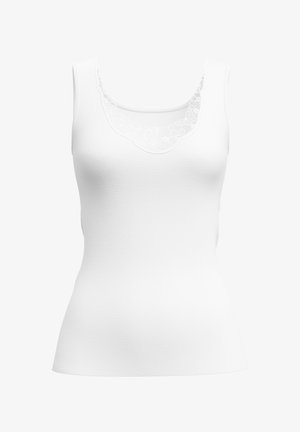 Débardeur blanc sans manches pour femmes avec détail en dentelle florale autour de l'encolure dégagée.