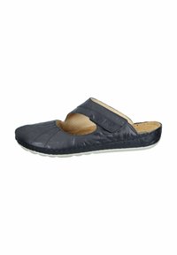 Dark navy leather slip-on shoe with a flexible sole, cut-out design, and a Velcro strap for secure fit. Textured upper with stitching details.