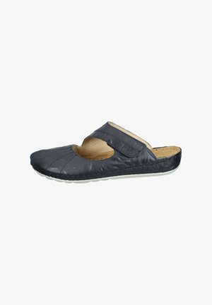 Dunkelblaue Leder-Slipper mit flexibler Sohle, Ausschnittdesign und einem Klettverschluss für einen sicheren Sitz. Strukturiertes Obermaterial mit Nahtdetails.
