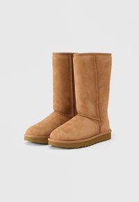 Paar mittelgroßer, brauner Wildlederstiefel mit flachen braunen Gummisohlen, sichtbaren Nähten und abgerundeten Zehen auf neutralem Hintergrund.