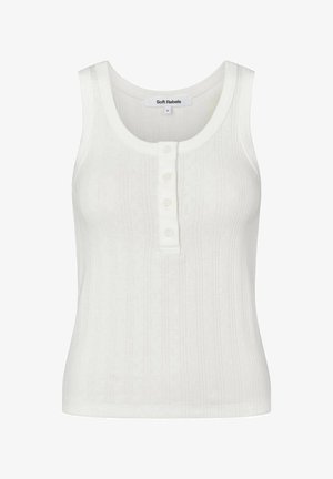 White sleeveless ribbed tank top with round neckline and four-button placket, labeled Soft Rebels, size small.