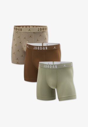 Kolm paari meeste bokserpükse beežis logomustriga, pruunid ja oliivrohelised, millel on elastsed vööd "JORDAN" brändinguga.
