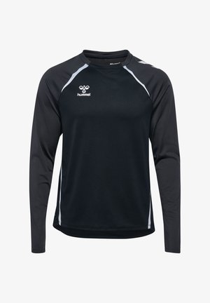 Long-sleeve black sports shirt with gray accents, crew neck, and raglan sleeves. Made of breathable fabric, featuring a logo on the chest.