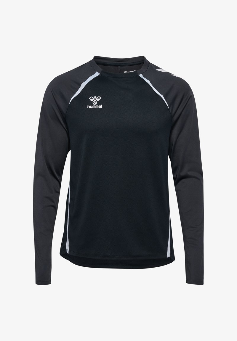 T-shirt de sport à manches longues noire avec des accents gris, col rond et manches raglan. Fabriqué en tissu respirant, avec un logo sur la poitrine.