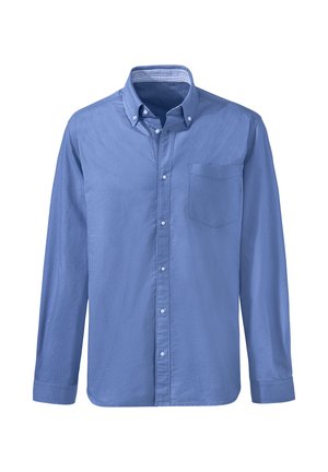 Long-sleeve button-down shirt in light blue fabric with a chest pocket, white buttons, and a striped pattern inside the collar.