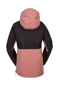 Veste d'extérieur bicolore avec la partie supérieure noire, la partie inférieure rose poussiére, et une capuche, vue de dos.