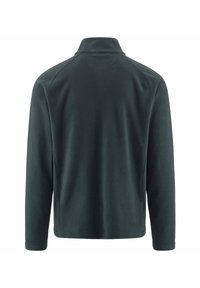Pullover in pile grigio scuro con colletto alto, maniche lunghe e una texture liscia. Presenta un orlo dritto e nessuna chiusura visibile.