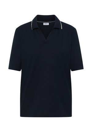 Polo bleu marine à manches courtes avec col ouvert et détail de bordure blanche sur les bords du col.