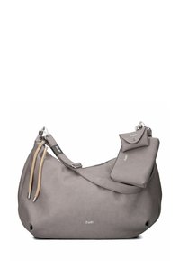 Borsa a spalla in pelle grigia con texture liscia, forma curva, tasca piccola staccabile e dettagli intrecciati sulla tracolla.