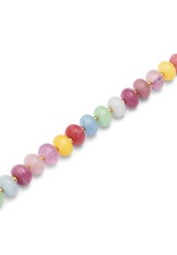 Brin de perles en pierres précieuses multicolores composé de perles rondes et lisses en rose, jaune, vert, bleu, rouge et violet, séparées par des entretoises de couleur dorée.