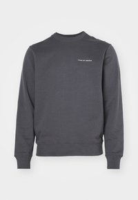 Grey sweatshirt with long sleeves, ribbed crew neck, and cuffs. Features "TIGER OF SWEDEN" logo in white on the chest. Smooth texture.