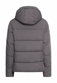 Grå oppustelig jakke med hætte, quiltet design og polstrede sektioner. Glat tekstur med en cropped længde og elastiske manchetter.