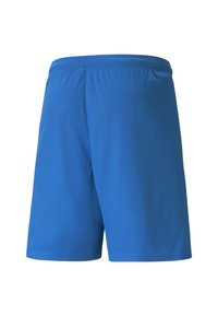 Blå sportshorts lavet af glat stof, med en elastisk talje og et lige snit uden synlige mønstre eller detaljer.