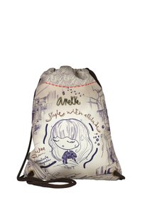 Bolsa de cordón con un boceto de una niña de dibujos animados, texto "Estilo con actitud" y arte lineal abstracto en azul y marrón sobre un fondo beige.