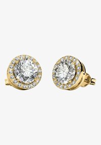Gouden studs met rond heldere edelstenen omringd door kleinere heldere stenen, allemaal in een cirkelvormig ontwerp.