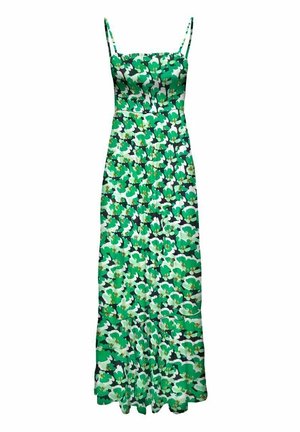 Vestido largo floral verde y blanco con tirantes finos y corpiño ajustado.