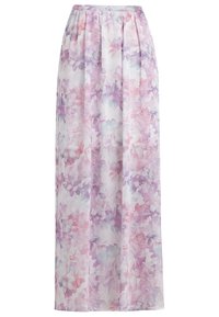 Longue jupe fluide avec un motif floral doux rose, violet et blanc et une taille froncée sur fond blanc.
