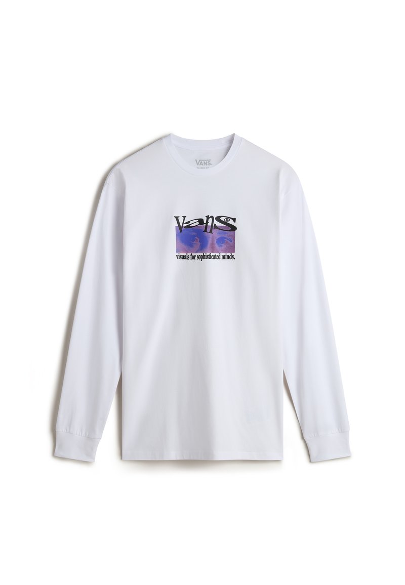 Valkoinen pitkähihainen t-paita, jossa on grafiikkapainatus violetin ja sinisen sävyillä. Materiaali on puuvillaa, ja se on varustettu pyöreällä kaula-aukolla ja ribbauduilla hihaosilla.