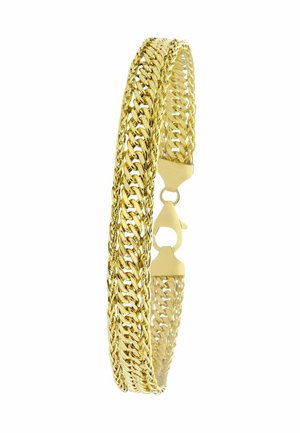 Gouden kettingarmband met in elkaar geweven schakels, voorzien van een gestructureerd oppervlak en een sluiting met haak. Het open en flexibele ontwerp verhoogt het draagcomfort.
