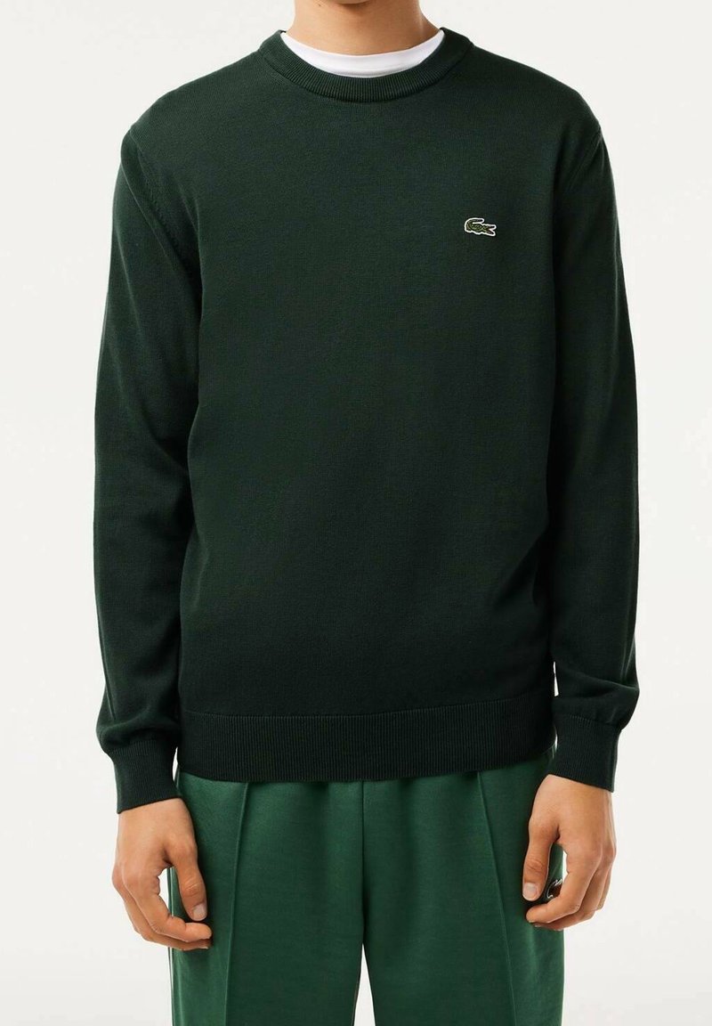 Dunkelgrüner Pullover mit geripptem Rundhalsausschnitt und Bündchen. Mit kleinem, gesticktem Logo auf der Brust. Weicher Strickstoff.