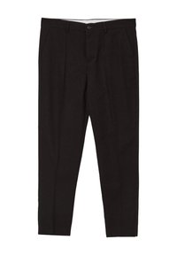 Pantaloni in lana nera con design a gamba dritta, pences frontali e tasche laterali discrete. La chiusura è dotata di un bottone e una cerniera.