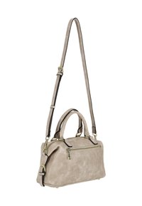 Bézs színű műbőr női táska kontrasztos fekete szegéllyel, dupla fogantyúval és levehető vállpánttal. Elöl cipzáras zsebbel és lekerekített formával rendelkezik.