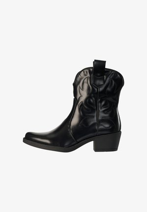 Stivale cowboy alla caviglia in pelle nera con cuciture decorative e tacco medio a blocco, visto di lato su sfondo bianco.