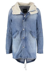 Denim jacket with a sherpa collar, featuring a button-up front, two front pockets, a drawstring hem, and varying shades of blue.