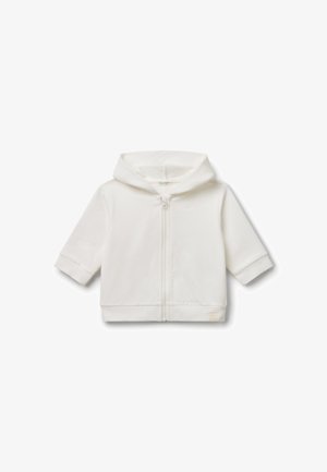 Witte babyhoodie met lange mouwen, voorrits en capuchon, gepresenteerd tegen een vlakke witte achtergrond.