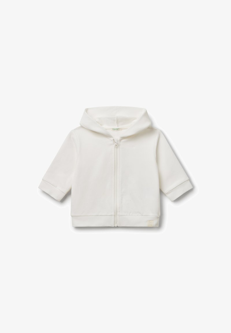 Felpa bianca per bambino con maniche lunghe, zip frontale e cappuccio, esposta su uno sfondo bianco uniforme.