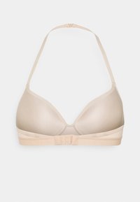 Nude-colored bra with a smooth, lightly padded triangular cup design, adjustable straps, and a hook-and-eye closure at the back.