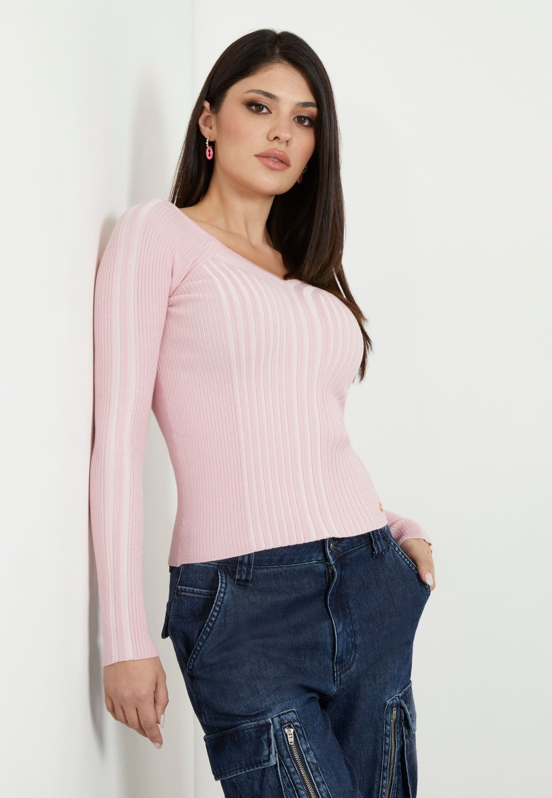 Tunique Guess Rose Poudré - Taille L - Manches Courtes - Col V - Femme