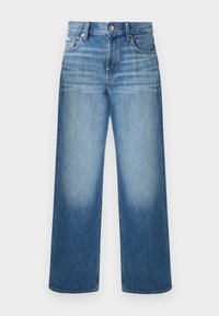Blå denimjeans med rette ben, knapp- og glidelåslukking, fem lommers design, og falmet vask på lår og knær.