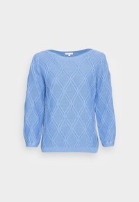 Vaaleansininen neulepaita, jossa on timanttikuvioinen tekstuuri, pitkät hihat sekä resorit hihansuissa ja helmassa.